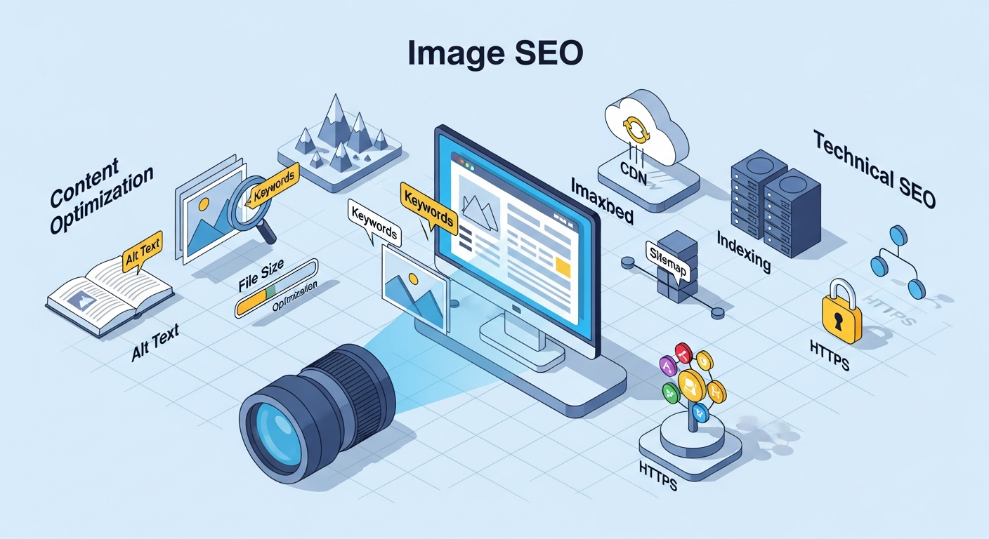 Isometric 3D illustration of Image SEO concepts with computer monitor, keywords, alt text, indexing, and technical optimization elements in blue and yellow colors